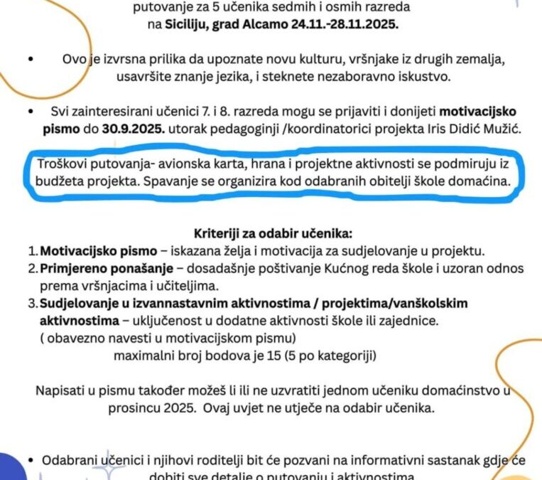 Natječaj za učenike – sudjelovanje u projektnoj mobilnosti